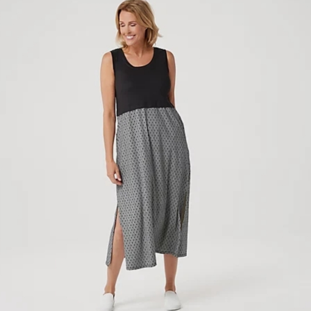 Cuddl Duds Flexwear Maxi Dress-Black/Geo Petite Large
